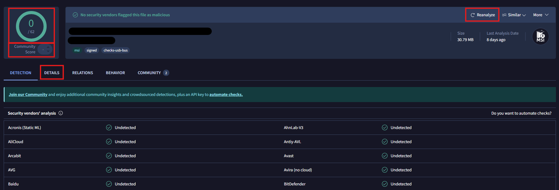 Image showing important buttons on the VirusTotal results page.